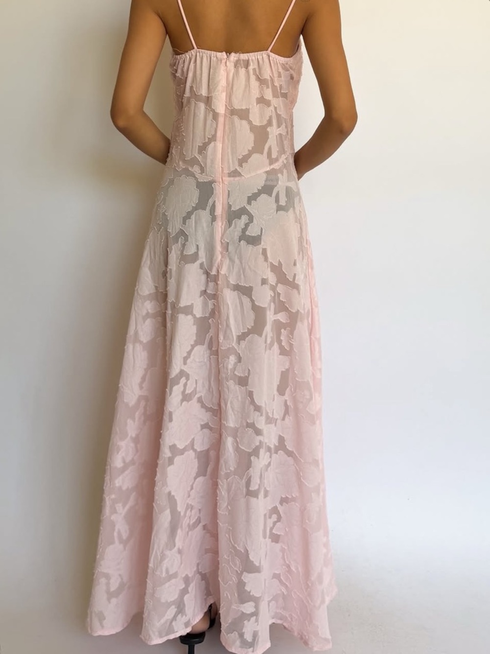 Sheer Floral Lace Pink Maxi Dress